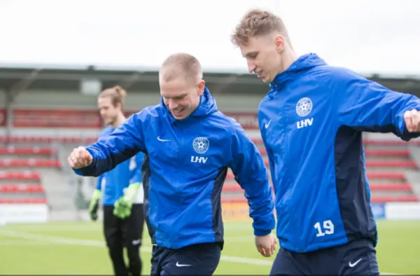 Estonia football players training for their upcoming match against the Czech Republic.